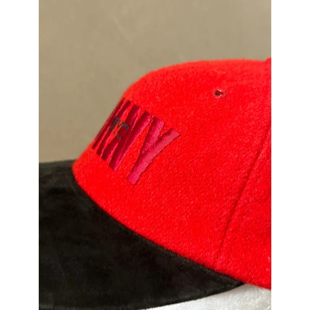 Vintage‎ DKNY NYC Red Wool Black Suede Brim Baseball Cap Hat Made in USA